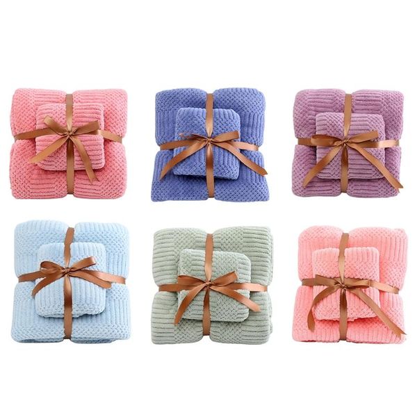 

towel 70x140cm 35x75cm 2pcs luxury absorbent towels set soft coral fleece bath towel+wash face