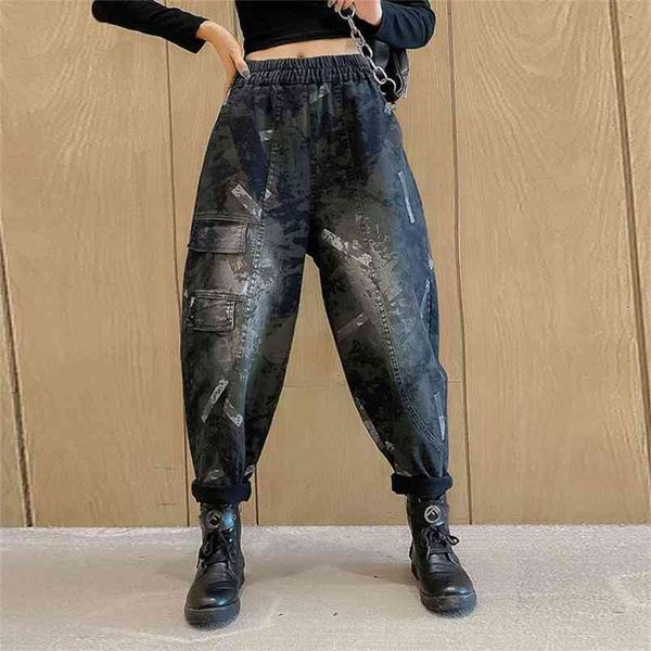 

spring autumn arts style women vintage print casual loose jeans elastic waist cotton denim harem pants big size v303 210512, Blue