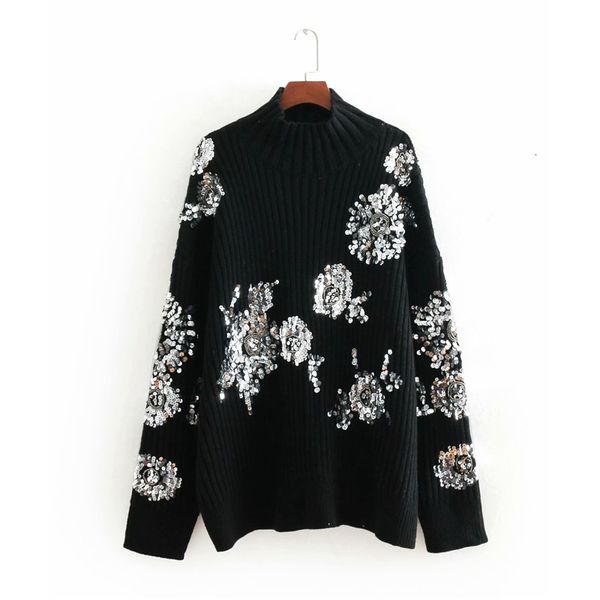 

women's shorts elegant women sequined floral sweater fashion ladies black knitted streetwear female turtleneck pullover chic, White;black