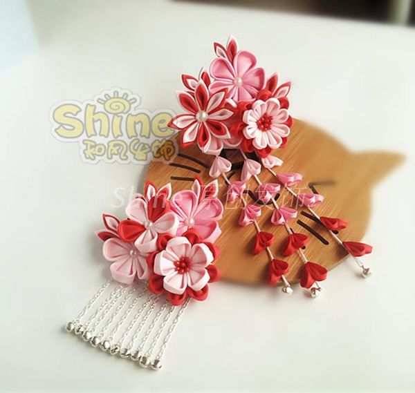 

party masks hand made hairpin cotton cloth hair clip barrettes japanese anime kimono cosplay accessories sakura tassels