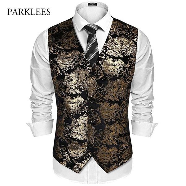 

men's vests vintage gold vest men gilet homme mariage sans manche slim fit paisley floral dress for single buttons waistcoat, Black;white