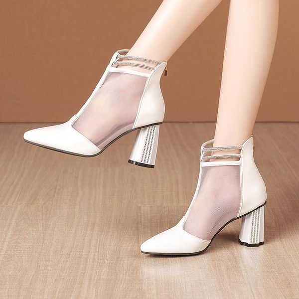 

boots 2021 spring and summer net women's cool hollow diamond thick heel high temperament back zipper leather, Black