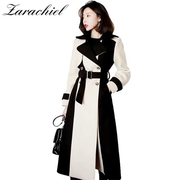 

women elegant long wool coat winter office lady double-breasted lapel collar belted jacket coats female woolen outerwear 210416, Black