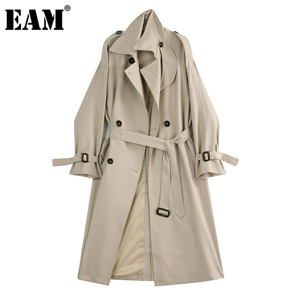

[eam] women khaki sashes big size trench lapel long sleeve loose fit windbreaker fashion spring autumn 1dd7875 210512, Tan;black