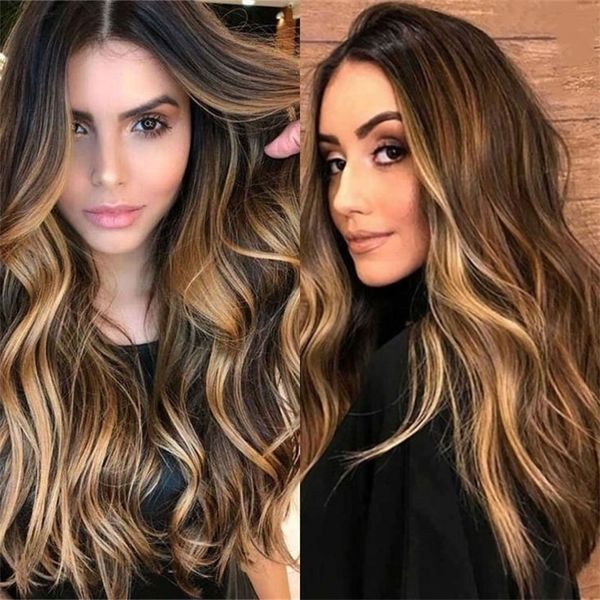 

dyeing headgear wig female medium long curly hair gradual change golden chemical fiber wig, Black