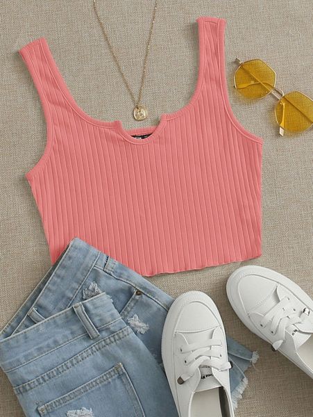 

notch neck lettuce edge rib-knit tank 869q#, White