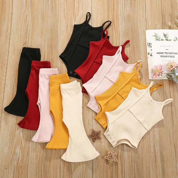 

clothing sets clothes for toddler girls strap sleeveless romper bodysuit romper+long flared pant infant born summer outfit set, White