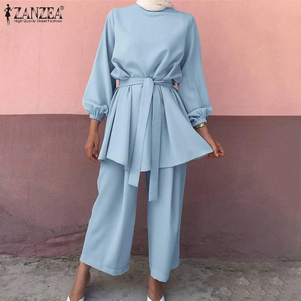 

ethnic clothing 2pcs abaya turkey muslim 2021 zanzea women's summer blouse long pants sleeve shirts female belted oversized, Red