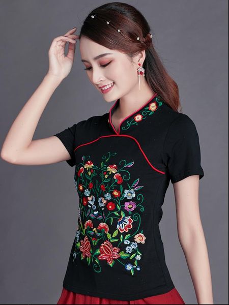 

women t shirts summer ethnic style womens embroidered mandarin collar female lady short sleeve shirt body pure cotton basic, White