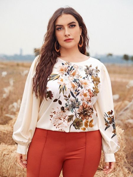 

plus lantern sleeve floral print l0of#, Black