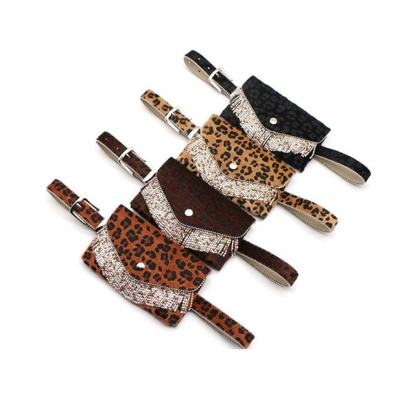 Cinture Moda Leopardo Crine di cavallo Colore bling Diamante Nappa Perline Tasca Donna Cintura staccabile Guida allo shopping Borsa per cellulare