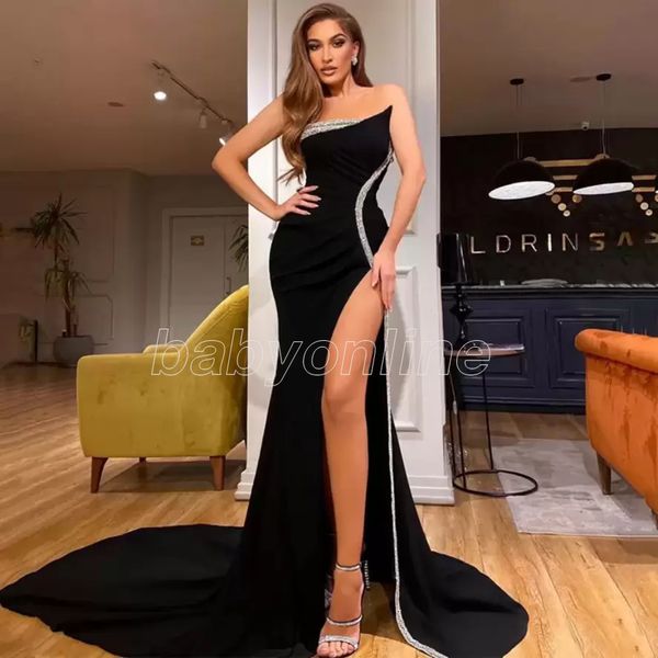 

fashion strapless prom dresses with beaded high side split memraid sheath formal party evening gowns cg001, Black