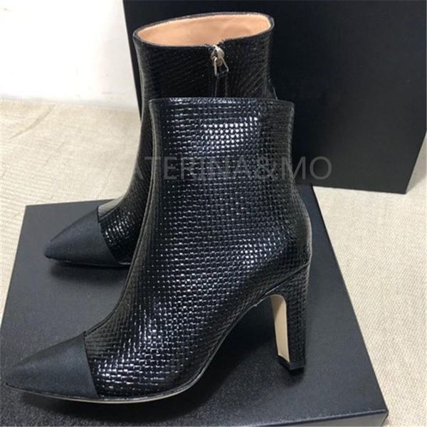 

boots brand fashion genuine leather pointed toe cowhide embossed upper ankle women sole design high heels, Black