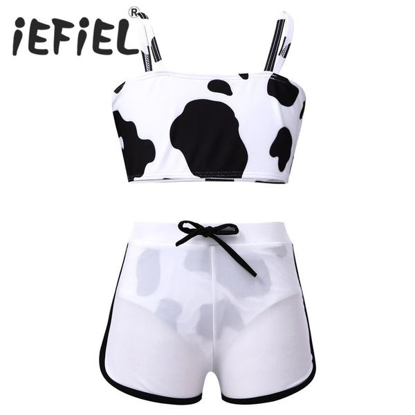 

one-piece suits kids teen girls cow print swimwear summer cut out vest swimsuit three-piece bikini shorts sets swimming beachwear 4-10 years