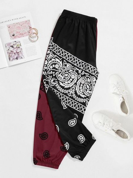 

plus paisley print color block sweatpants f7ia#, Black