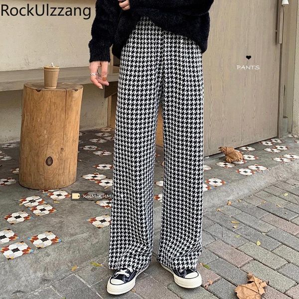 

women's pants & capris elastic waist high streetwear fashion elegant houndstooth plaid loose straight pant women korean trouser fall si, Black;white