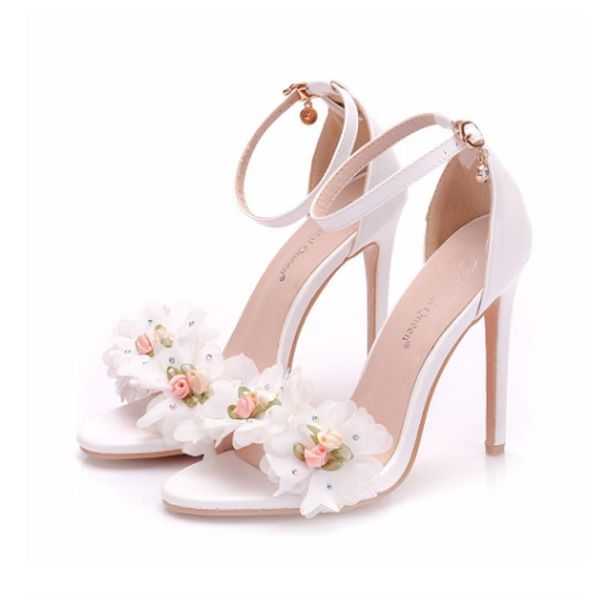 

sandals women's high heels banquet shoes wedding party white flower high-heeled, Black