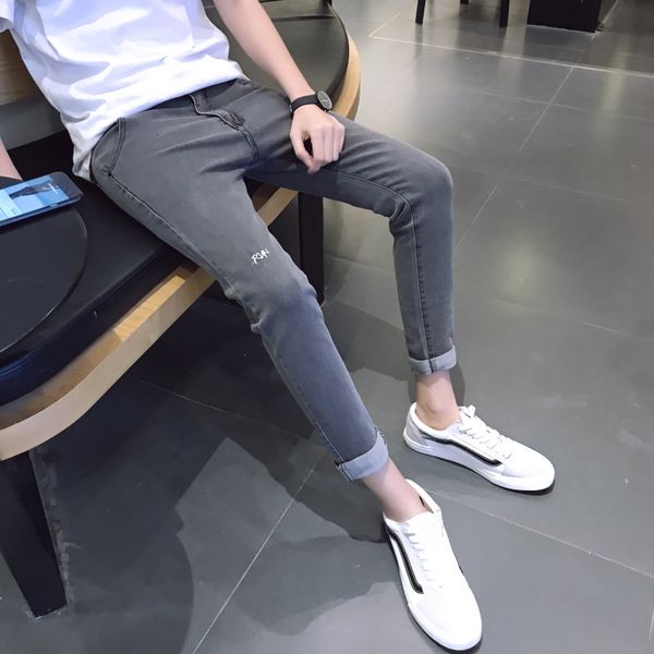 

men's jeans thin-fit pencil breeches for korean fashion trends casual teenage clothing streetwear brim plus size pants wlci, Blue