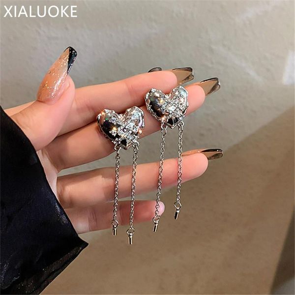 

dangle & chandelier xialuoke long tassel metal chain heart mosaic crystal earrings for women elegant personality rhinestone drop jewelry, Silver