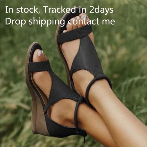 

women summer sandals mid heels wedges shoes woman vintage pu zipper retro sandal ladies open toe fashion casual shoe, Black