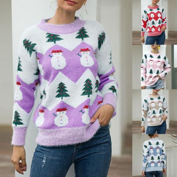 

snowman christmas tree knitted pullover ladies long sleeve o-neck sweater fall winter gift women's sweaters, White;black