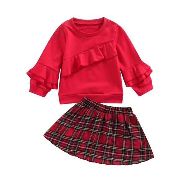 

clothing sets est fashion children baby girl clothes solid color ruffle long sleeve sweatshirt plaid short skirt 2pcs outfits, White