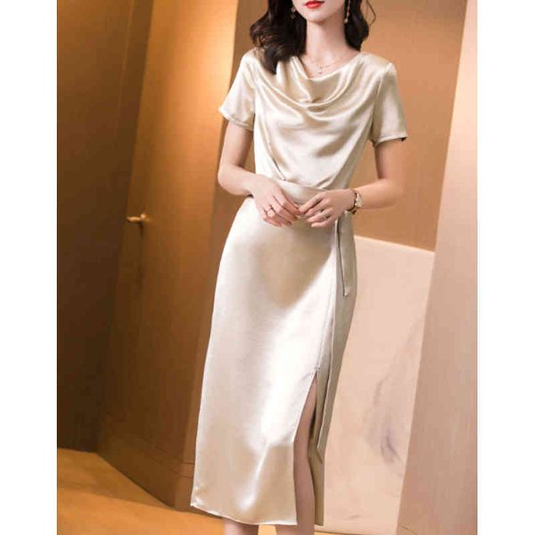 

arrival elegant o neck dresses women satin office lady formal business work slim lace up clothes 210514, Black;gray