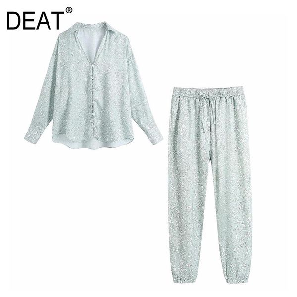 

[deat] summer fashion turn-down collar single-breasted printing shirt high waist pencil pants two-piece suit 13q256 210527, White