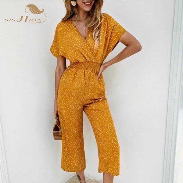 

women jumpsuit rompers summer loose high waist wide leg casual short sleeve dot print v-neck pocket overalls women's jumpsuits &, Black;white