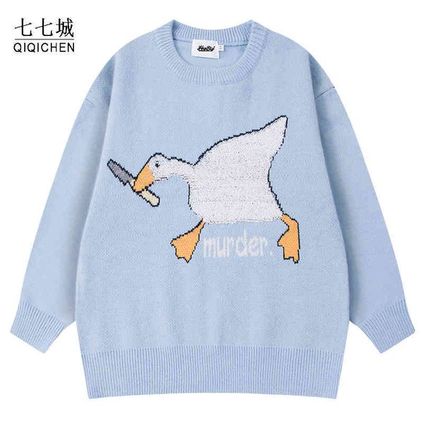 

spoof duck pattern knitted sweaters men autumn cartoon wool jumper pullover women harajuku hip hop cotton casual sweater, Black