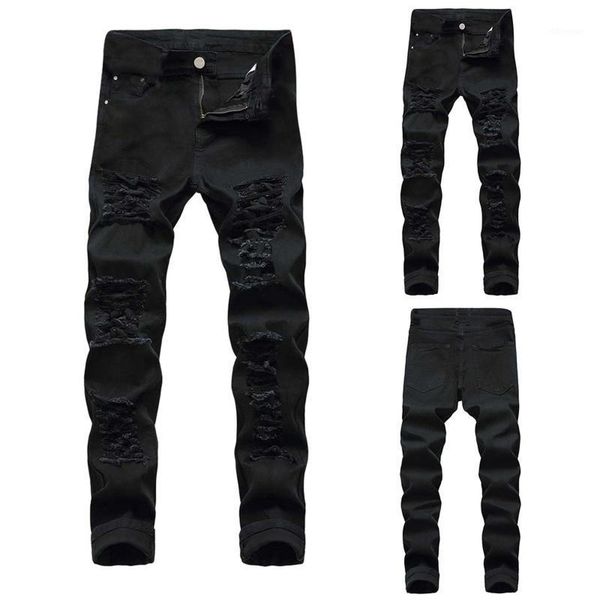

winter men's casual autumn denim cotton straight ripped hole jeans pants boys men trousers pant1 413y, Black