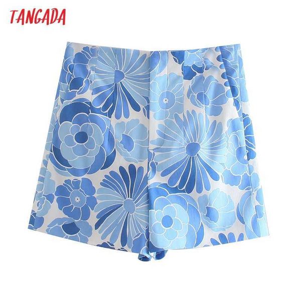 Tangada Summer Women Vintage Pantaloncini floreali blu Tasche con cerniera Pantaloncini casuali retrò femminili Pantalones JE85 210609