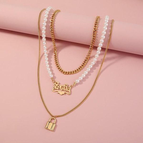 

trend alloy lock letter round pearl three-layer necklace for women fashion temperament metal pendant jewelry wholesale necklaces, Silver