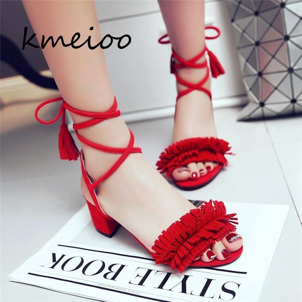 

kmeio women shoes summer fashion high heels pumps woman handmade flower casual comfortable lace up sandals, Black