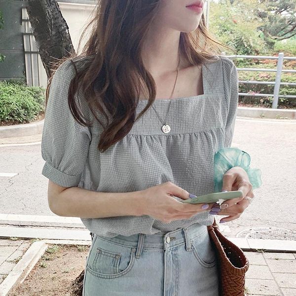 

women's blouses & shirts blusas mujer de moda japan style fresh summer sweet retro wild square collar short sleeve plaid blouse women c, White