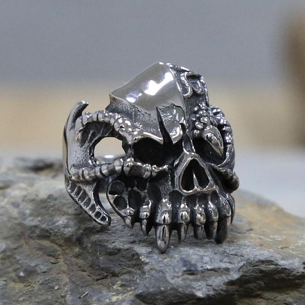 

heavy metal eagle claw skull ring men 316l stainless steel biker male gothic punk gift for friend cluster rings, Golden;silver