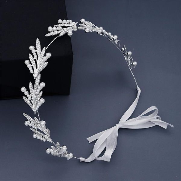 

hair clips & barrettes okily women jewelry wedding crown headband leaf pearl ornament bridal rhinestone hairbands with ribbon accessories fo, Golden;silver