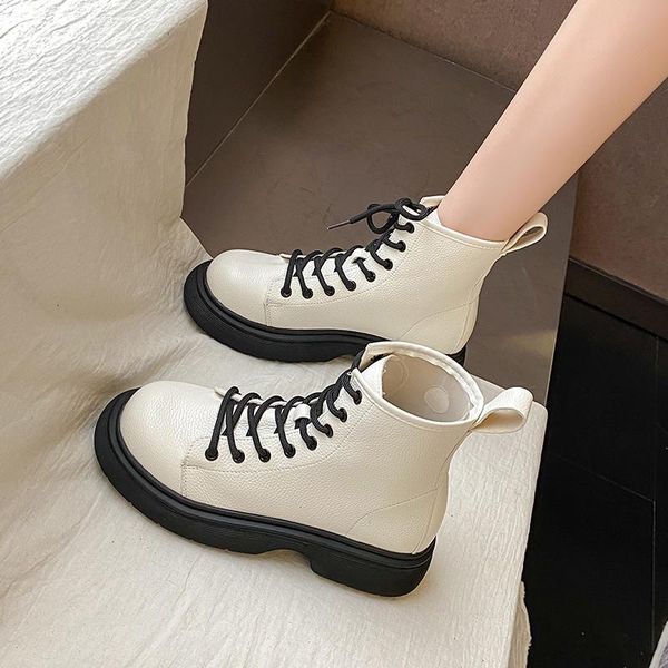 

boots summer women boots-women female shoes round toe lace up flat heel med 2021 rubber rock lolita ladies solid cross-tied basi, Black