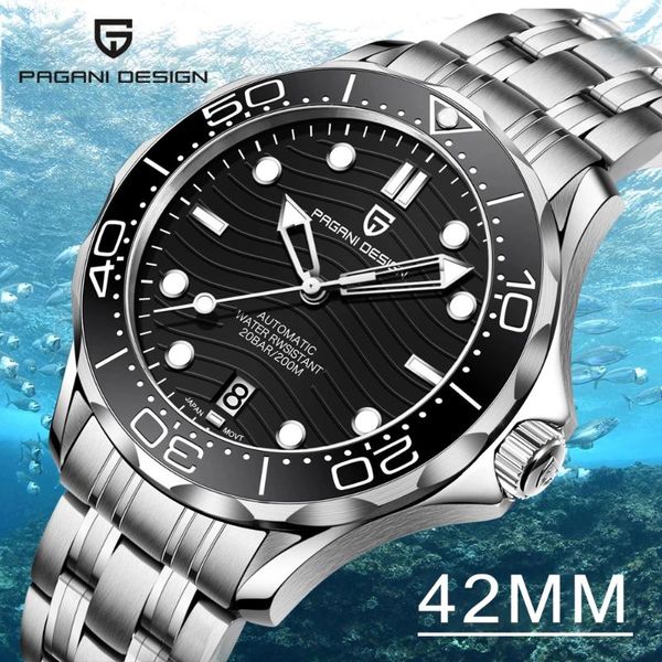 

wristwatches pagani design luminous ceramic bezel watches 200m waterproof mechanical automatic men watch stainless steel luxury clock man, Slivery;brown