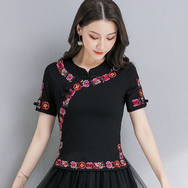 

ladies chinese women 2021 summer cotton blouses embroidery vintage shirts cheongsam chinese style clothing women 10585, Red