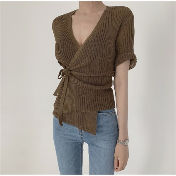 

fashion women's summer design sensual little v-neck cross tie knit 210520, White