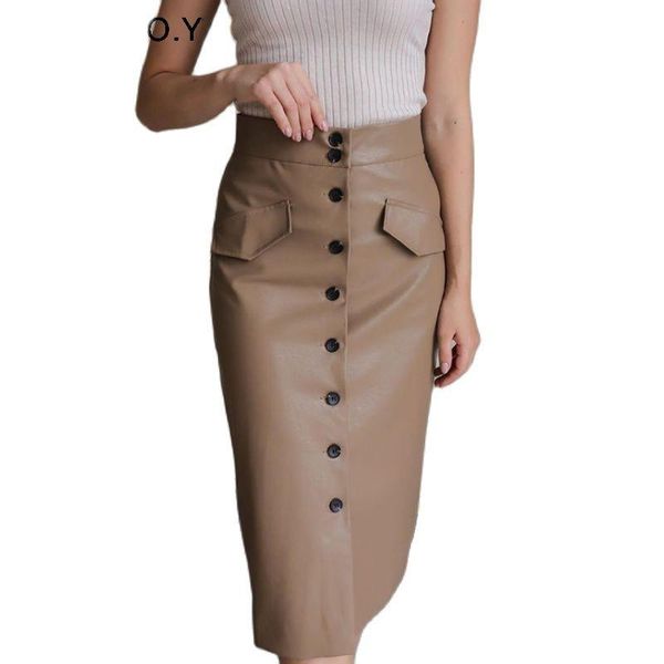 

skirts wenqing elengant high waist leather penci skirt women multi button wrapped mujer faldas solid pockets femme jupes 2021, Black