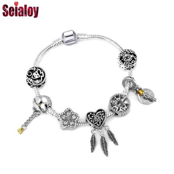 

seialoy heart key dreamcatcher pendant charm bracelets for women original crystal flowers mom beaded bracelet wife jewelry gift, Golden;silver