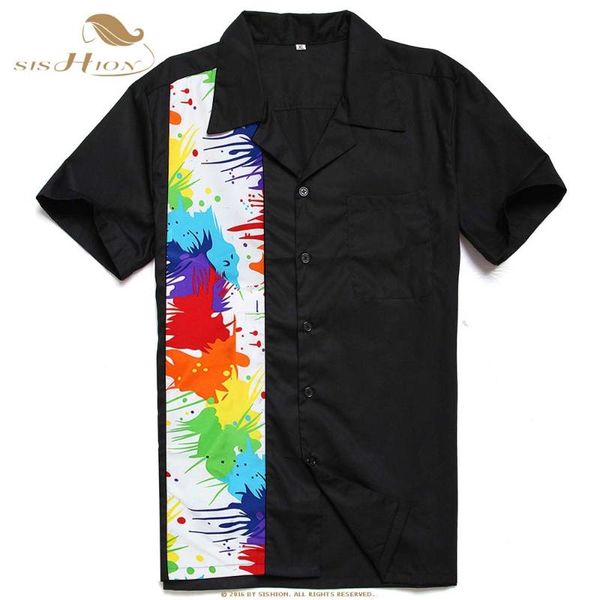 

graffiti casual retro short sleeve men bowling shirt cotton colorful paint st110 rockabilly black hemden herren men's shirts, White;black