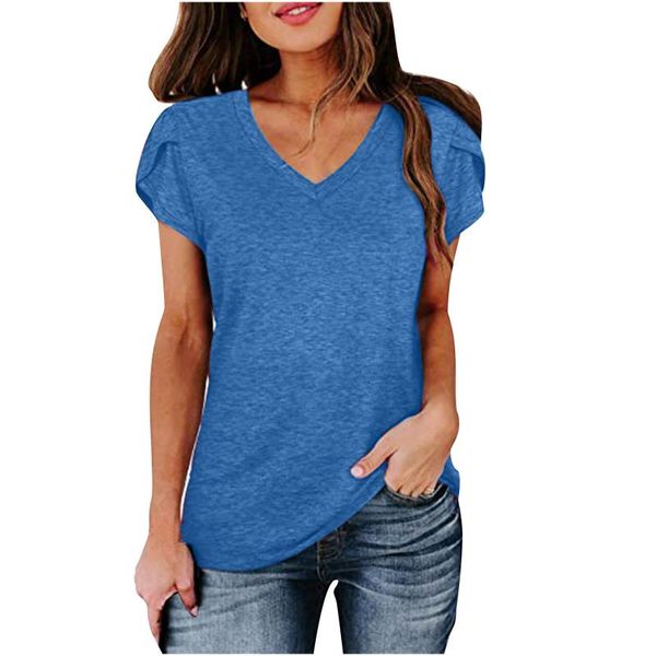 

women's t-shirt women solid v-neck basic summer petal short sleeve casual t-shirts, White
