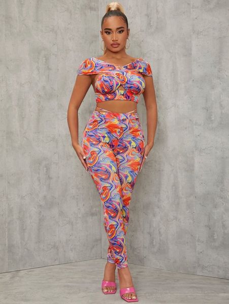 

sxy marble print cutout crisscross crop & leggings x99f#, White