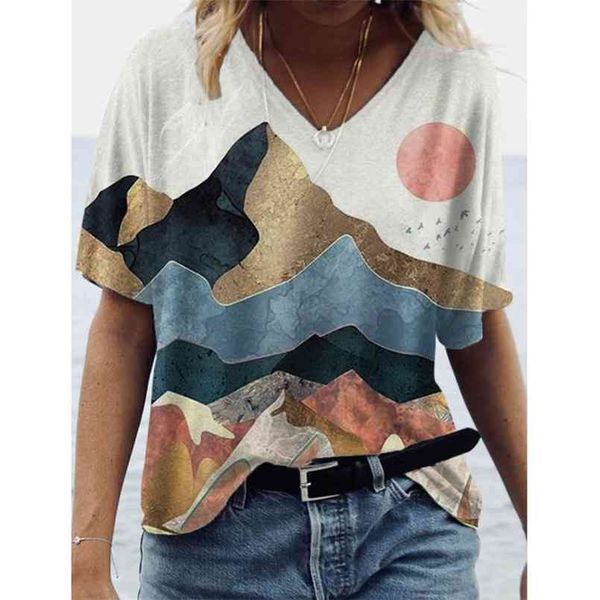 

summer painting print v neck short sleeve tshirt women clothes casaul streetwear female loose harajuku tee camisetas mujer 210708, White