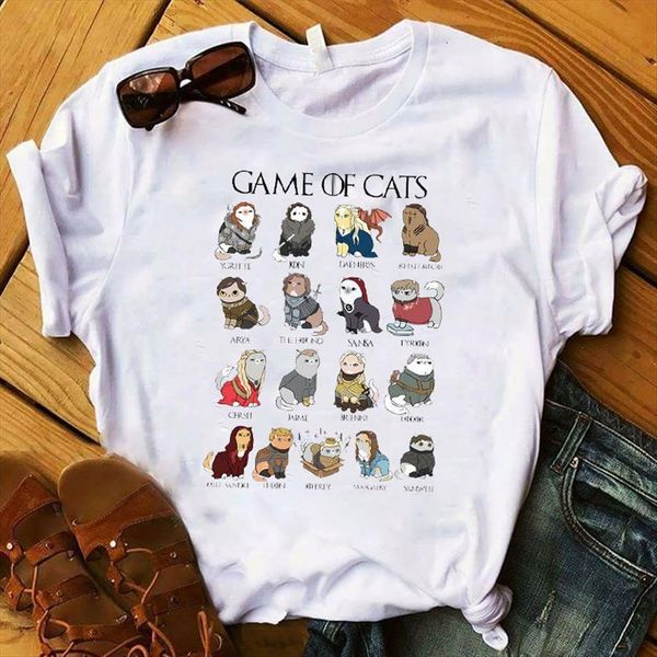 

graphic game of cats womens t shirts funny cartoon fashion printed tee kawaii clothes, White