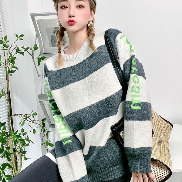 

women's sweaters cashmere elegant women sweater oversized knitted pullovers o neck loose soft female letter striped patchwork knitwear, White;black