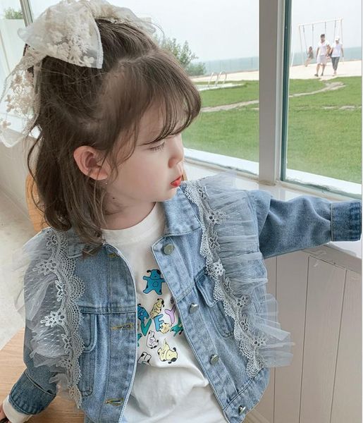 

jackets 2021 spring autumn girls denim coat korea kids design lace flower jacket princess chindren outdoor dress baby pography, Blue;gray